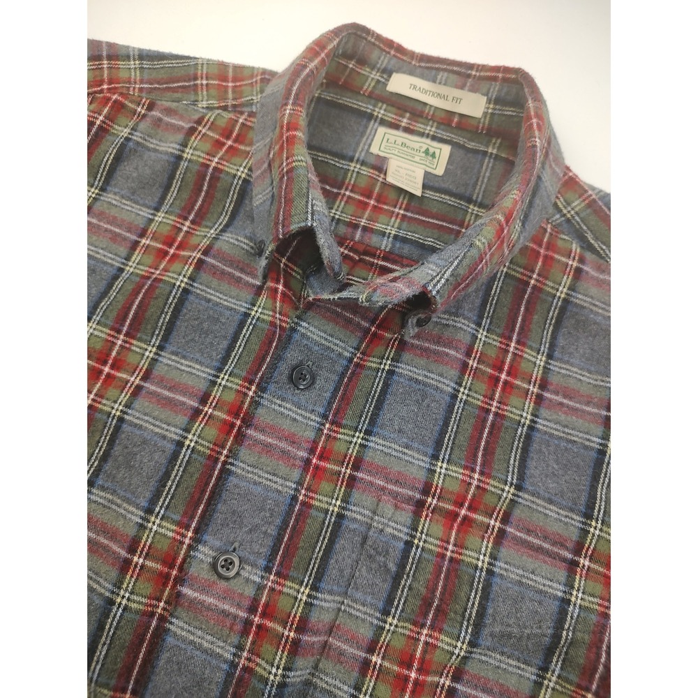 LL Bean Traditional Fit Mens XL Plaid‎ Flannel Button Down Shirt Grey Red 228061